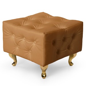 Jasnobrązowa pufa pikowana z eko-skóry ze złotymi nogami
