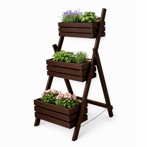 Brązowy, drewniany kwietnik, wkład 40 cm - warzywnik 3-poziomowy na zioła, kwiaty, balkon, taras i ogród