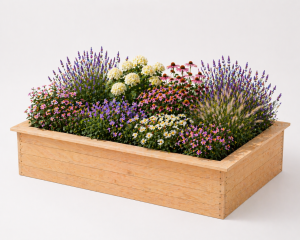 Drewniana rabata ogrodowa z rantem do siedzenia - podwyższona grządka, warzywniak, skrzynka na kwiaty