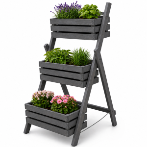 Szary, drewniany kwietnik, wkład 60 cm - warzywnik 3-poziomowy na zioła, kwiaty, balkon, taras i ogród