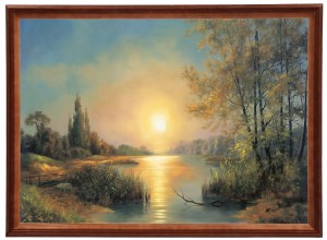 Reprodukcja obrazu w drewnianej ramie o wymiarach 50x70 cm - Jezioro. Zachód słońca, M Lorens