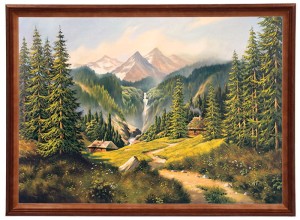 Reprodukcja obrazu w drewnianej ramie o wymiarach 50x70 cm -  Krajobraz z wodospadem, Krzysztof Nowaczyński