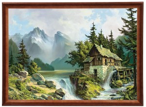 Reprodukcja obrazu w drewnianej ramie o wymiarach 50x70 cm - Młyn nad jezorem, Wojciech Król