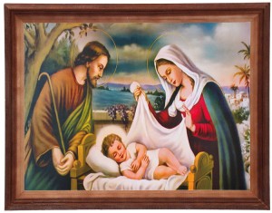 Obraz w ramie o tematyce religijnej w rozmiarze 30x40cm - Św rodzina z pieluchą