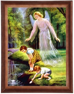 Obraz w ramie o tematyce religijnej w rozmiarze 30x40cm - Anioł stróż zielony