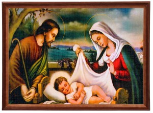 Obraz w ramie o tematyce religijnej w rozmiarze 50x70cm - Św rodzina z pieluchą