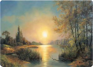 Podkładka korkowa z nadrukiem, reprodukcja, w rozmiarze 30x40 cm- Jezioro. Zachód słońca