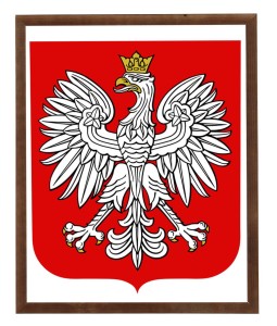 Godło Polski w brązowej ramie o wymiarach 30x40 cm