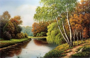 Oryginalny Obraz olejny na płótnie 65x100 cm Brzozy nad rzeką K. Nowaczyński Oryginał