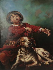 Oryginalny Obraz olejny na płótnie 67x44 cm Chłopiec z psem A. Lis Oryginał