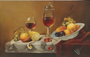 Oryginalny Obraz olejny na płótnie 50x70 cm Martwa natura z brzoskwiniami A. Lis Oryginał