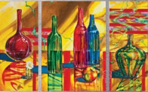 Oryginalny Obraz olejny na płótnie 70x110 cm Martwa natura z butelkami- tryptyk A. Bogusz Oryginał