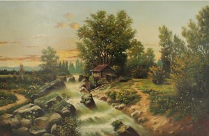 Oryginalny Obraz olejny na płótnie 65x100 cm Młyn. Zachód słońca Nowaczyński Oryginał