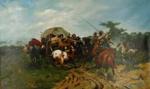 Oryginalny Obraz olejny na płótnie 60x100 cm Napad tatarów Kaszuba Oryginał