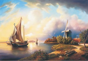 Oryginalny Obraz olejny na płótnie 70x100 cm Pejzaż morski z wiatrakiem Kaszuba Oryginał 