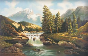 Oryginalny Obraz olejny na płótnie 65x100 cm Strumień pod Łysymi Górami Kaszuba Oryginał