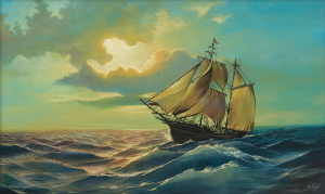 Oryginalny Obraz olejny na płótnie 65x100 cm Szkuner Król Oryginał