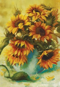 Oryginalny Obraz olejny na płótnie 70x50 cm Słoneczniki w niebieskim wazonie Lipińska Oryginał