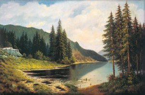 Oryginalny Obraz olejny na płótnie 65x100 cm Świerki nad jeziorem Kaszuba Oryginał