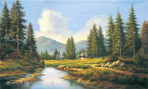 Oryginalny Obraz olejny na płótnie 65x100 cm Świerki nad rzeką Kaszuba Oryginał