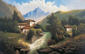 Oryginalny Obraz olejny na płótnie 65x100 cm  Zagroda w górach Kaszuba Oryginał