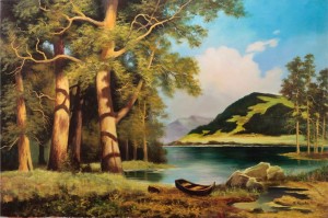 Oryginalny Obraz olejny na płótnie 65x100 cm Łódka pod sosnami Kaszuba Oryginał