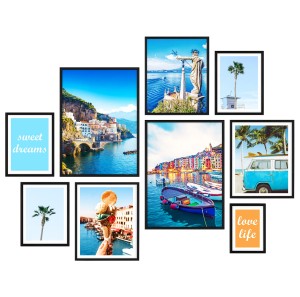 Galeria plakatów „Architektura I” – kolaż ścienny 9 zdjęć, grafik, obrazów w czarnych ramach