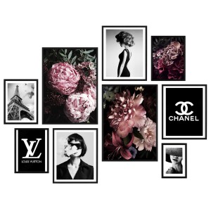 Galeria plakatów „Glamour I” – kolaż ścienny 9 zdjęć, grafik, obrazów w czarnych ramach