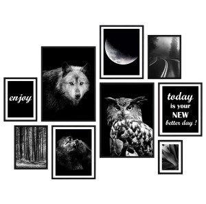 Galeria plakatów „Las I” – kolaż ścienny 9 zdjęć, grafik, obrazów w czarnych ramach