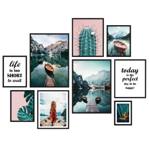 Galeria plakatów „Nad wodą” – kolaż ścienny 9 zdjęć, grafik, obrazów w czarnych ramach