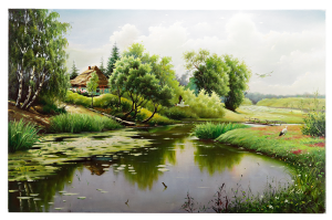 Oryginalny Obraz olejny na płótnie 65x100 cm Chata nad stawem A.Lis  Oryginał