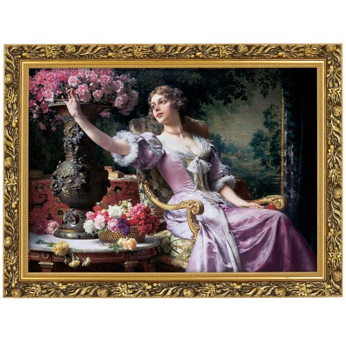 1. OBRAZ DAMA W LILIOWEJ SUKNI 608 W ZLOTEJ RAMCE MAKOWCE 50 cm x 70 cm przodem.jpg
