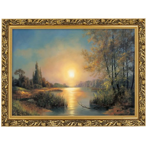 1. OBRAZ JEZIORO ZACHOD SLONCA 654 W ZLOTEJ RAMCE MAKOWCE 50 cm x 70 cm przodem.jpg