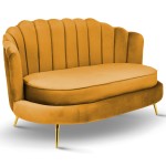 Sofa LIVIA Muszelka w kolorze żółtym z pikowanym oparciem i złotymi nogami