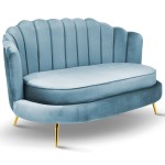 Sofa LIVIA Muszelka w kolorze niebieskim z pikowanym oparciem i złotymi nogami