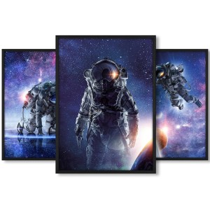 Galeria 3 plakatów rozmiar 50x70 cm „Astronauta I” – kolaż ścienny 3 zdjęć, grafik, obrazów w czarnych ramach