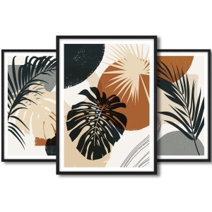 Galeria 3 plakatów rozmiar 50x70 cm „Liście abstrakcja II” – kolaż ścienny 3 zdjęć, grafik, obrazów w czarnych ramach