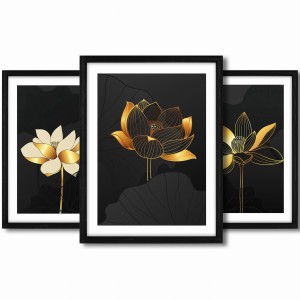 Galeria 3 plakatów rozmiar 30x40 cm „Kwiaty abstrakcja I” – kolaż ścienny 3 zdjęć, grafik, obrazów w czarnych ramach