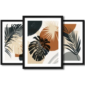Galeria 3 plakatów rozmiar 30x40 cm „Liście abstrakcja II” – kolaż ścienny 3 zdjęć, grafik, obrazów w czarnych ramach