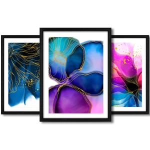 Galeria 3 plakatów rozmiar 30x40 cm „Kolorowa abstrakcja I” – kolaż ścienny 3 zdjęć, grafik, obrazów w czarnych ramach