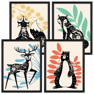 Galeria 4 plakatów rozmiar 30x40 cm „Zwierzęta II” – kolaż ścienny 3 zdjęć, grafik, obrazów w czarnych ramach
