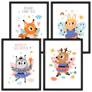 Galeria 4 plakatów rozmiar 30x40 cm „Zwierzęta III” – kolaż ścienny 3 zdjęć, grafik, obrazów w czarnych ramach