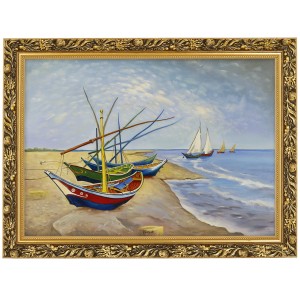 Oryginalny obraz olejny na płótnie 50 x 70 cm “Łodzie rybackie” Vincent van Gogh w złotej ramie Makówka