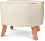 Tapicerowana pufa owalna 52x62x46 cm  ŚREDNIA w kolorze ecru - siedzisko z welurowej tkaniny, z drewnianymi nóżkami w kolorze naturalnego drewna