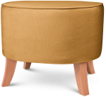 Tapicerowana pufa owalna 52x62x46 cm  ŚREDNIA w kolorze żółtym - siedzisko z welurowej tkaniny, z drewnianymi nóżkami w kolorze naturalnego drewna