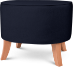 Tapicerowana pufa owalna 52x62x46 cm  ŚREDNIA w kolorze granatowym - siedzisko z welurowej tkaniny, z drewnianymi nóżkami w kolorze naturalnego drewna