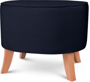 Tapicerowana pufa owalna 52x62x46 cm  ŚREDNIA w kolorze granatowym - siedzisko z welurowej tkaniny, z drewnianymi nóżkami w kolorze naturalnego drewna