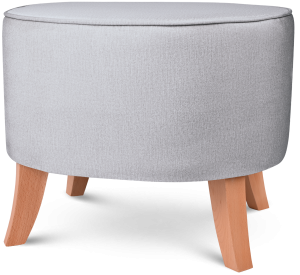 Tapicerowana pufa owalna 52x62x46 cm  ŚREDNIA w kolorze jasnoszarym - siedzisko z welurowej tkaniny, z drewnianymi nóżkami w kolorze naturalnego drewna