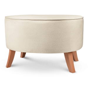 Tapicerowana pufa owalna 62x72x46 cm DUŻA w kolorze ecru - siedzisko z welurowej tkaniny, z drewnianymi nóżkami w kolorze naturalnego drewna