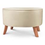 Tapicerowana pufa owalna 62x72x46 cm DUŻA w kolorze beżowym - siedzisko z welurowej tkaniny, z drewnianymi nóżkami w kolorze naturalnego drewna